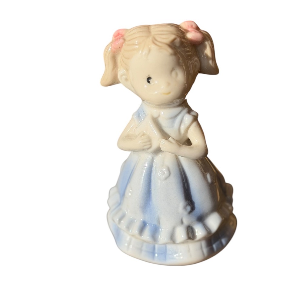 Vintage Ceramic Girl Bell Figurine Blue Ruffled Dress Pink Bows Pigtails 4 Inch - Picture 2 of 9